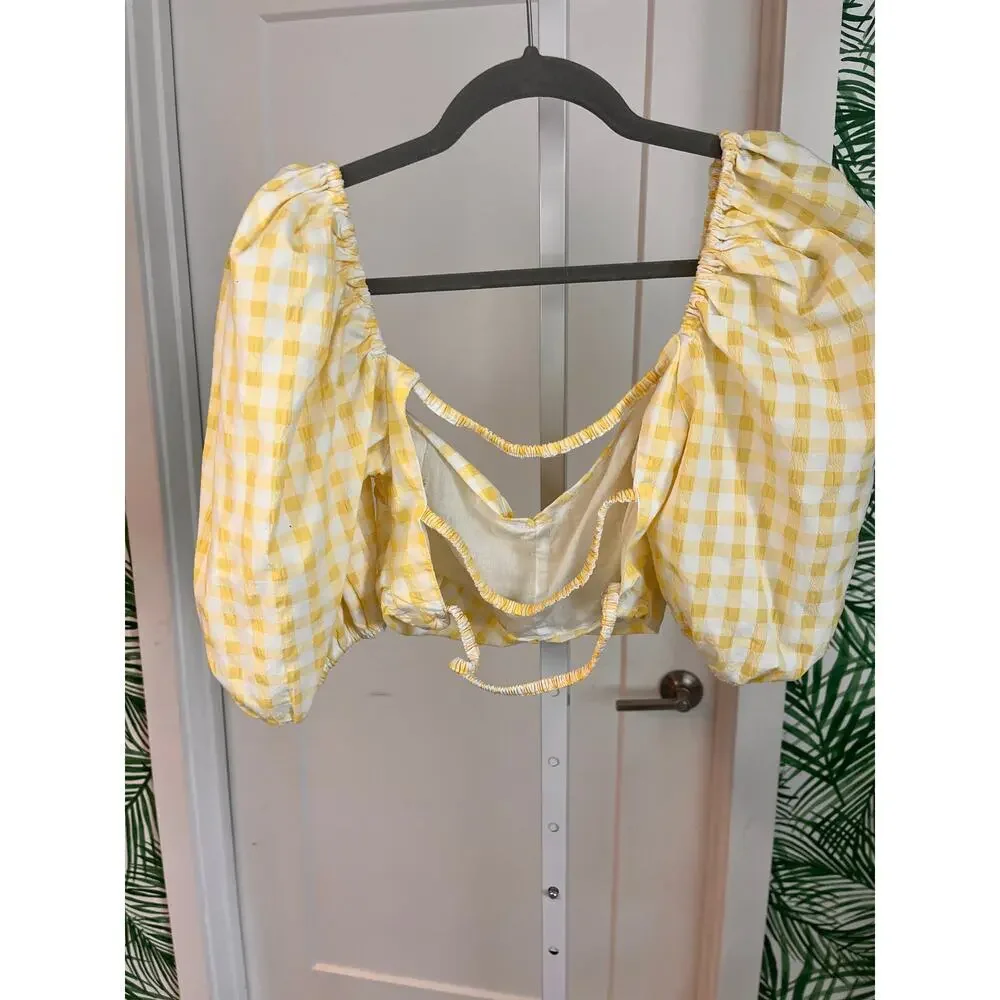 Zara Womens Yellow Gingham Puff Sleeve Cropped Blouse Large